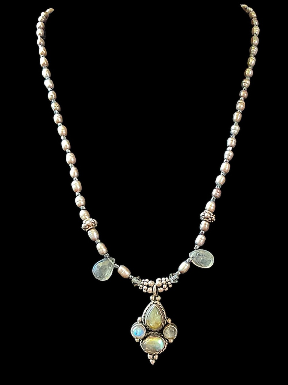 Vintage Sterling Silver Freshwater Pearl Labradorite Caviar Silver Necklace